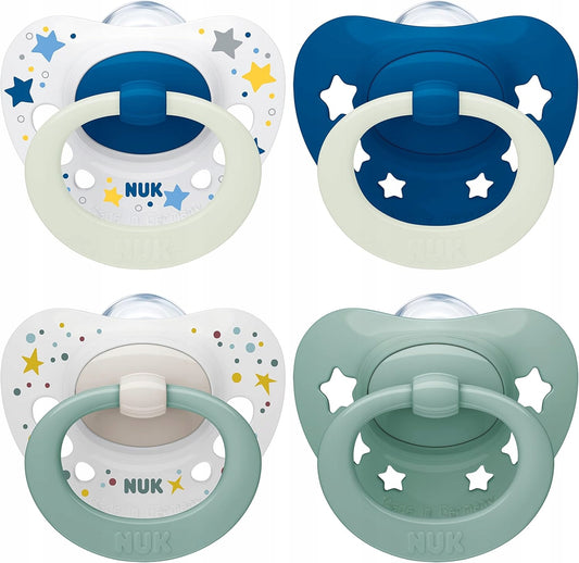 NUK SIGNATURE Day&Night smoczek uspokajający x4 0-6msc silikonowe smoczki z gwiazdkami, 4 kolory