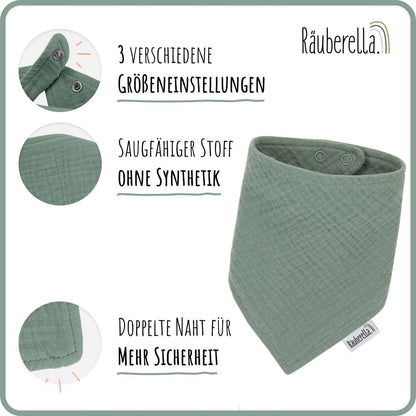 NUDU BABY zestaw muślina KOMFORTER śliniak GRYZAK zielony, bawełna organiczna, bezpieczny dla niemowląt