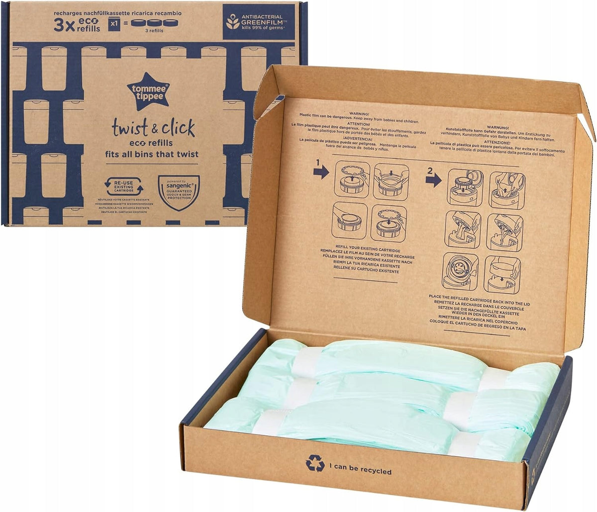 TOMMEE TIPPEE folia wkład SANGENIC TEC, TWIST&CLICK x3 – wkład do pojemnika na pieluchy, ochrona przed zapachem i zarazkami