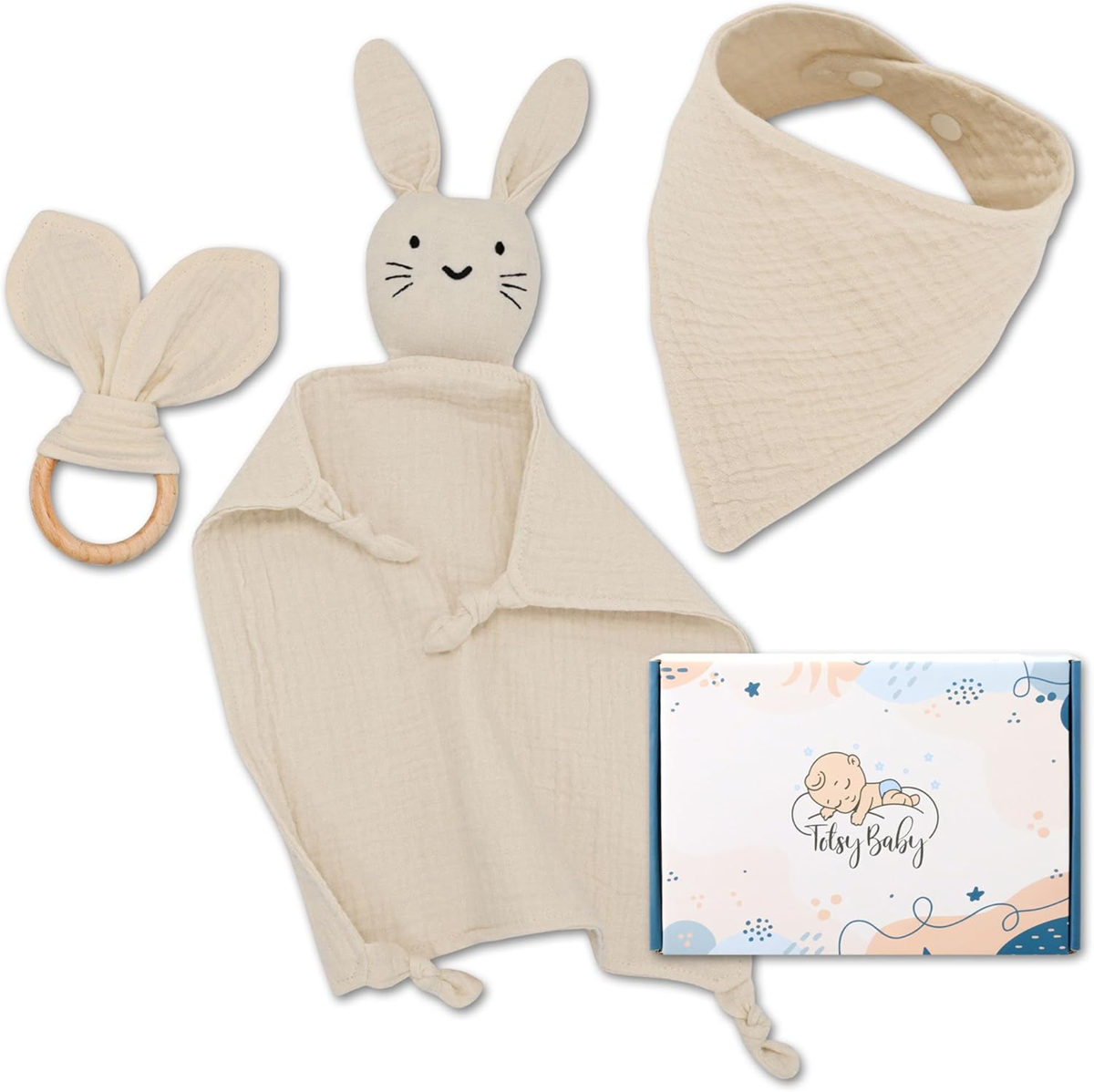 TOTSY BABY copertina in mussola e bavaglino, massaggiagengive in legno 27x27 cm CONIGLIO