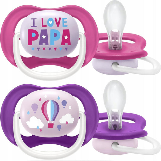 PHILIPS AVENT Ultra Air HAPPY smoczki x 2 6-18msc, zestaw różowych i fioletowych smoczków z nadrukiem