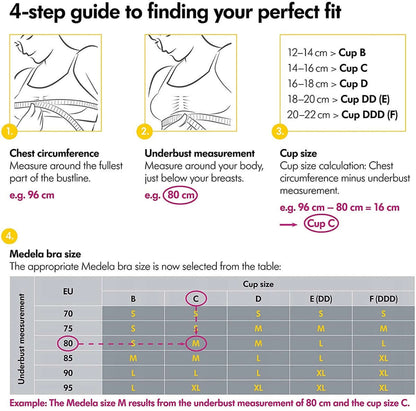 MEDELA biustonosz do karmienia bezszwowy XL, guide to perfect fit and Medela bra size chart