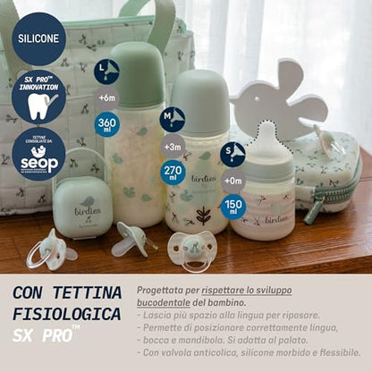 Suavinex SX Pro butelka antykolkowa 3m+ 270ml M birdies, butelka dla niemowląt z silikonowym smoczkiem