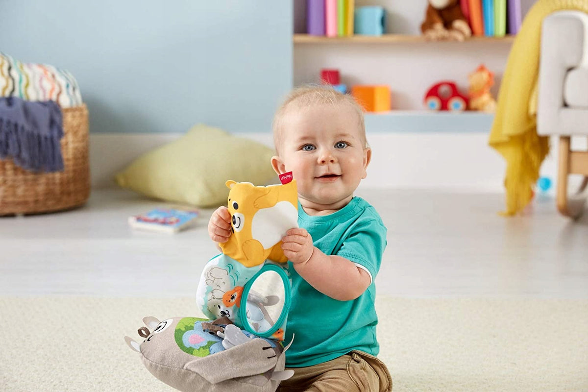 FISHER-PRICE książeczka aktywizująca sensor 3m+ z pluszowym misiem, lusterkiem i 5 stronami z zadaniami