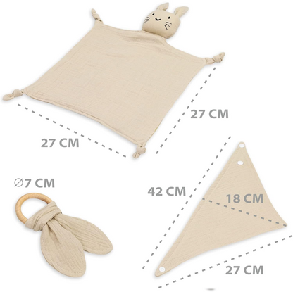 TOTSY BABY copertina in mussola e bavaglino, massaggiagengive in legno 27x27 cm CONIGLIO