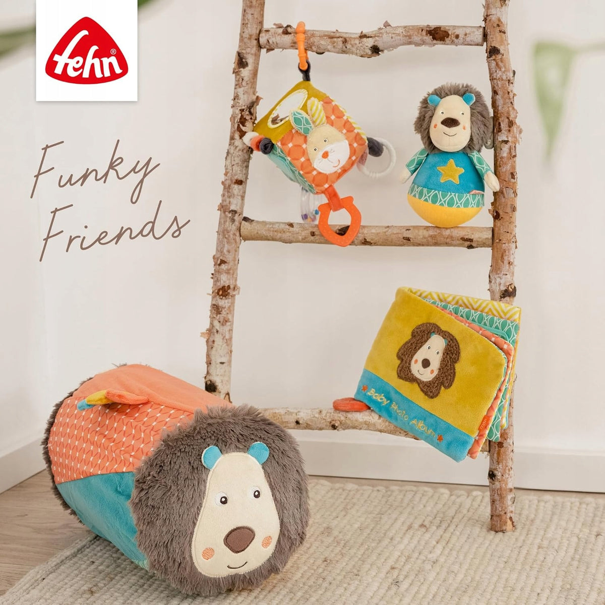 FEHN Funky Friend wańka WSTAŃKA 18cm grzechotka LEW, kolorowa zabawka sensoryczna dla niemowląt 0+