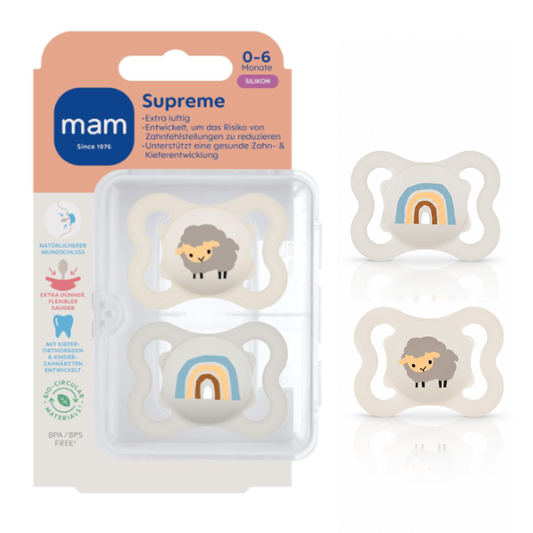 MAM Supreme smoczek uspokajający silikonowy 0-6m x2, zestaw z motywem owieczki i tęczy