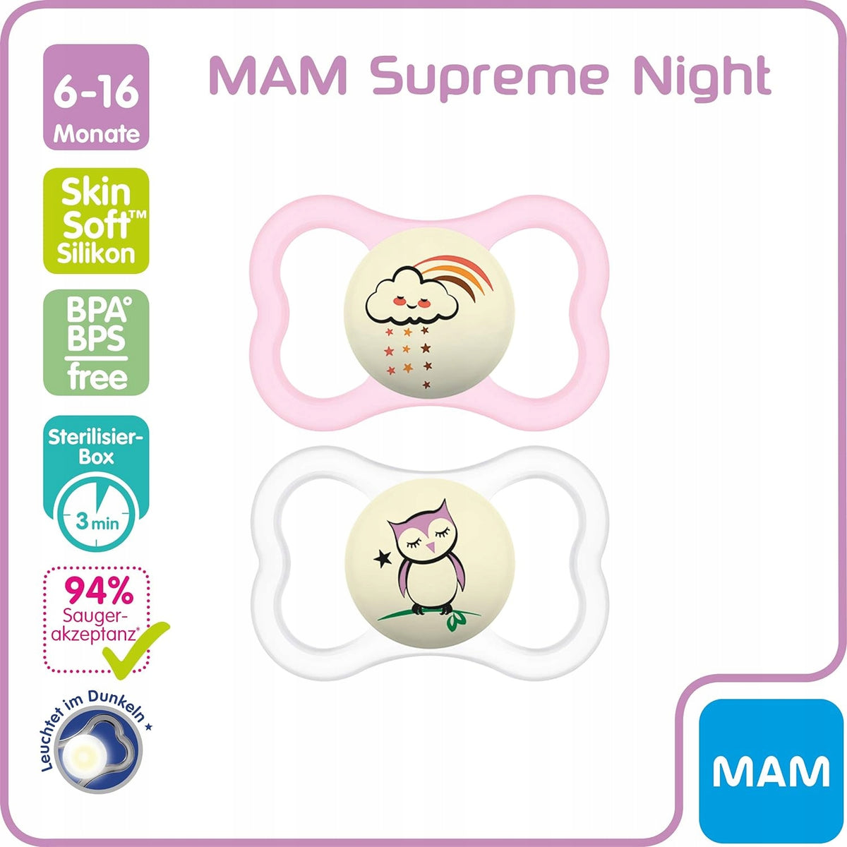 MAM SUPREME NIGHT smoczek silikonowy 6-16msc, świeci w ciemności, BPA/BPS free, 2 sztuki