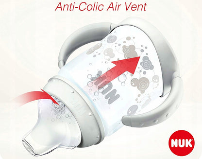 NUK First Choice stalowy kubek niekapek 125 ml 6 m+ z systemem Anti-Colic Air Vent i uchwytami