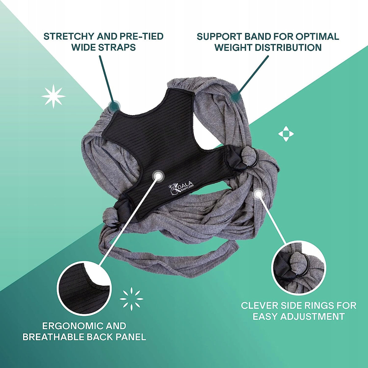 KOALA BABYCARE chusta do noszenia dziecka 2w1, ergonomiczne nosidełko z szerokimi paskami i regulacją