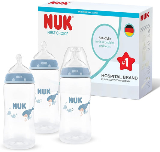 NUK First Choice sada 3× láhev 300 ml, savička M 3 m+ VELRYB