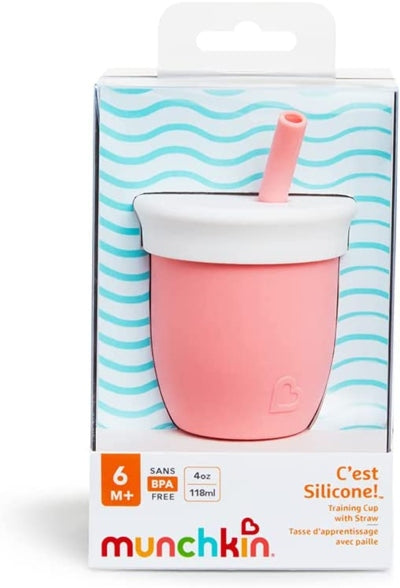 MUNCHKIN C'est Silicone! kubek ze słomką 6msc+ 120ml, różowy kubek treningowy dla niemowląt