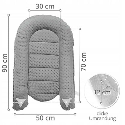 TOTSY BABY kokon niemowlęcy gniazdo 90 x 50 minky, szare gniazdo dla niemowląt z grubą krawędzią i wymiarami 90x50 cm