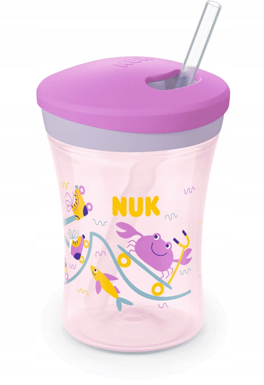 NUK Action Cup KUBEK NIEKAPEK 12 m+ fioletowy kubek 230 ml ze słomką i zaworkiem