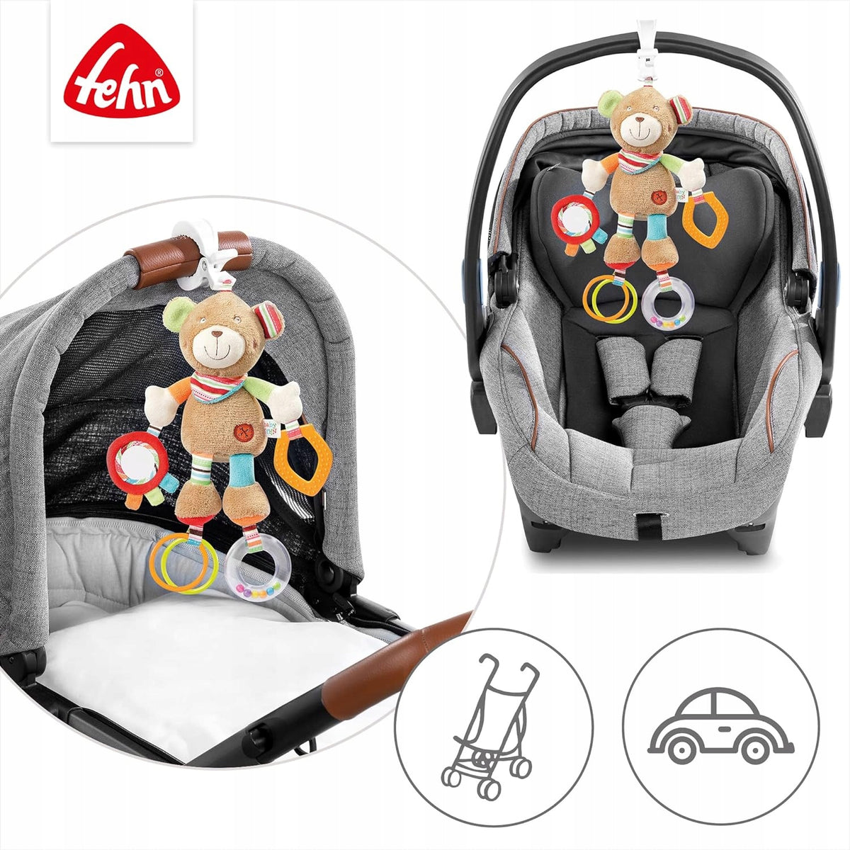 FEHN OSKAR stroller and car seat hanging toy with rattle and grabber