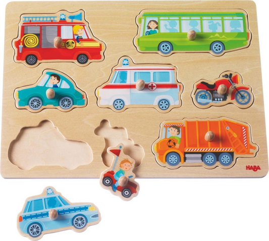 HABA drewniane puzzle wtykowe 8 elementów 21 x 30 cm POJAZDY