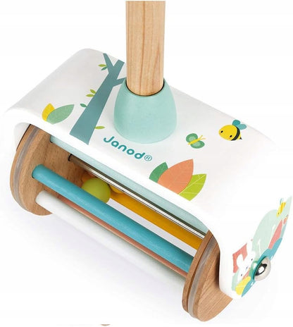 JANOD Pure drewniany pchacz z grzechotką 30 cm, drewniana zabawka do nauki chodzenia dla dziecka od 18 miesięcy