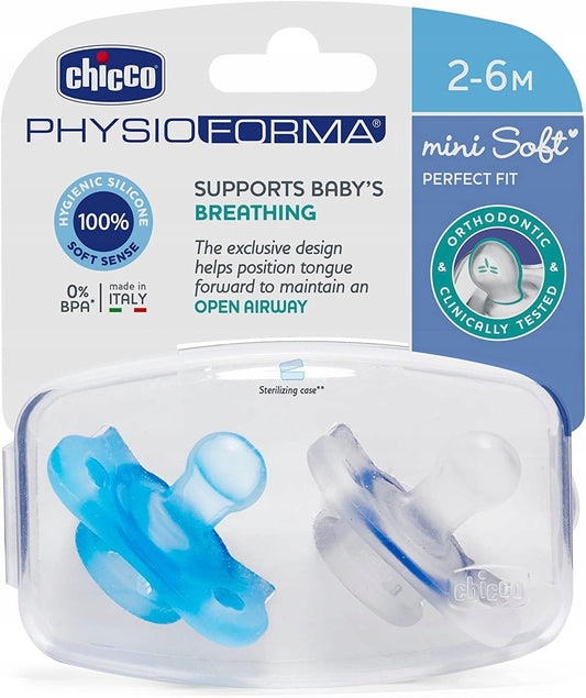 CHICCO PhysioForma smoczek x2 2-6m MINI SOFT, niebieskie smoczki uspokajające BPA free w etui