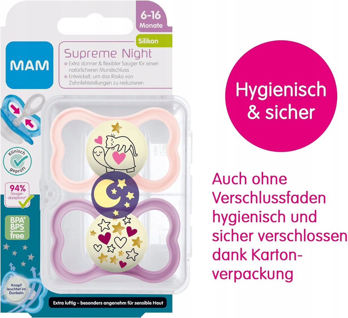 MAM SUPREME NIGHT smoczek silikonowy 6-16msc, higieniczny, świecący w ciemności, BPA i BPS free