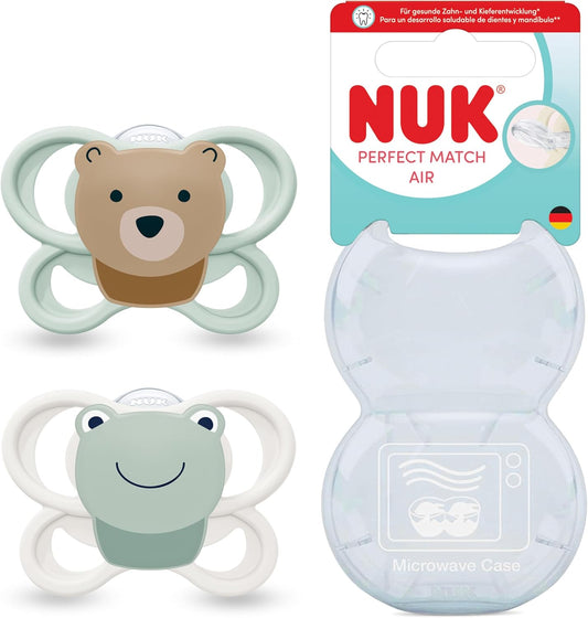 NUK Perfect Match Air smoczek uspokajający 0-6m x2 z osłonką i etui mikrofalowym