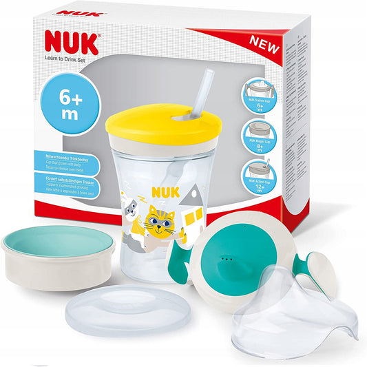 NUK zestaw do nauki picia kubek + 3 ustniki, kubek 230 ml z motywem kota, królika i pszczoły, BPA free