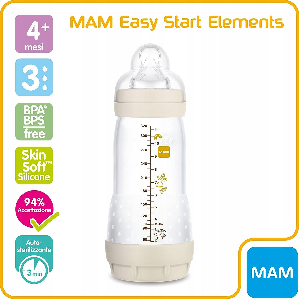 MAM Easy Start butelka antykolkowa 320ML, butelka 4+ mies., BPA free, smoczek 3, auto-sterylizująca