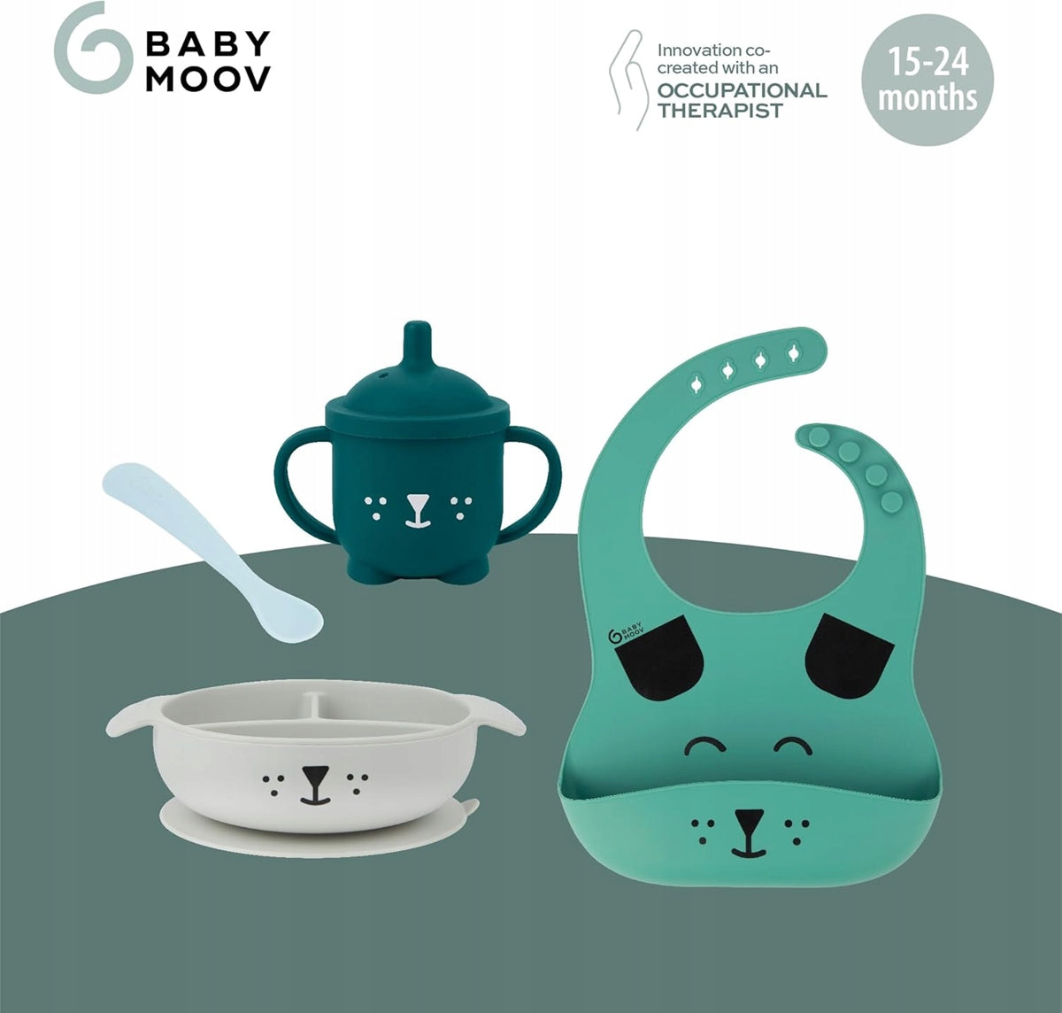 BABYMOOV LEARN'ISY zestaw naczyń 15-24msc silikon, talerzyk, kubek, łyżeczka i śliniak dla dzieci 15-24 miesiące