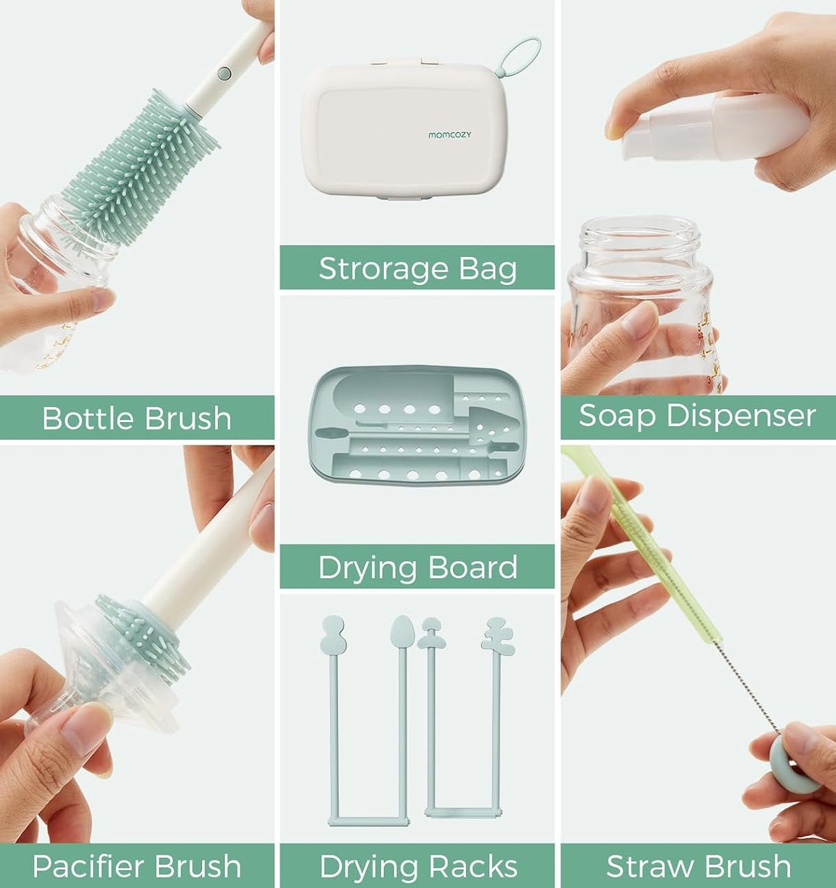 MOMCOZY 7 in 1 set da viaggio per pulire biberon, tettarelle e cannucce + custodia