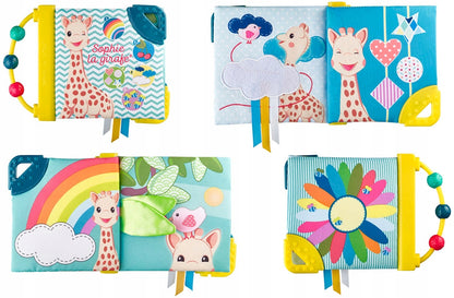 Kolaż okładki i stron kolorowej książeczki Sophie la girafe.