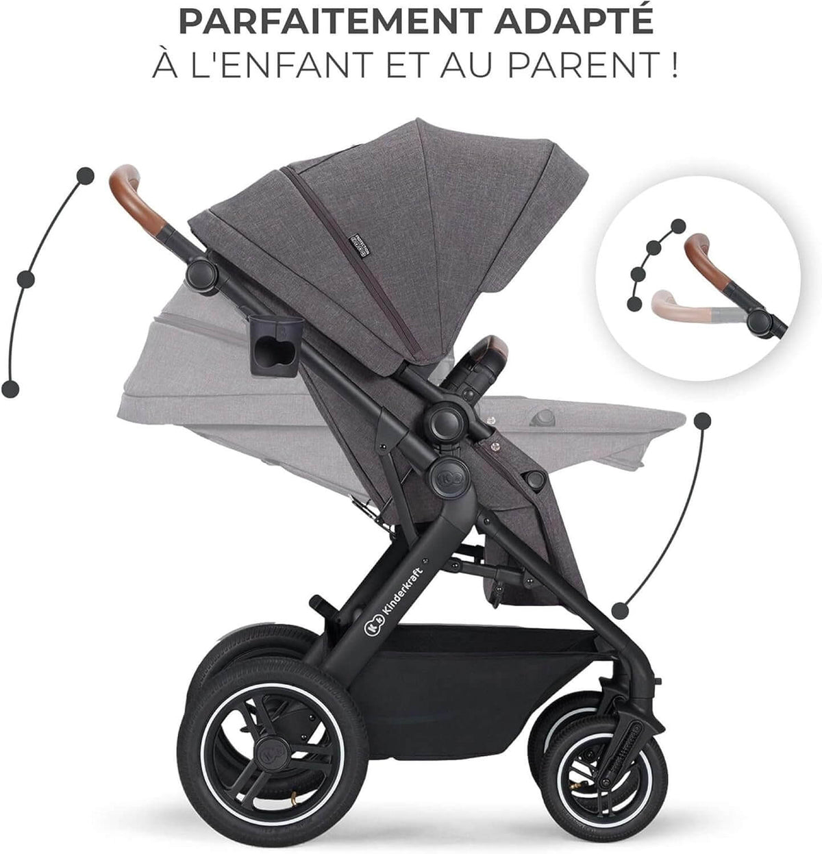 KINDERKRAFT B-TOUR 3w1 wózek wielofunkcyjny do 22kg + fotelik MINK PRO – DARK GREY – zdjęcie 4
