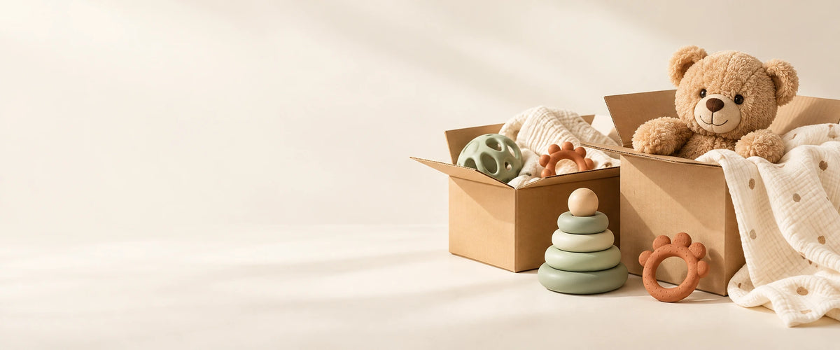Illustrazione dello svuotamento magazzino OutletBaby: scatole con accessori per bambini su uno sfondo color crema.